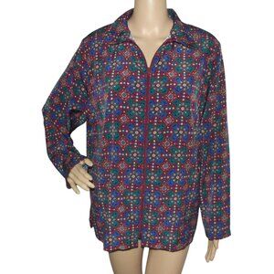 Bon Worth Jacket Womens Sz Medium Burgundy Blue Green Gold Full Zip lightweight